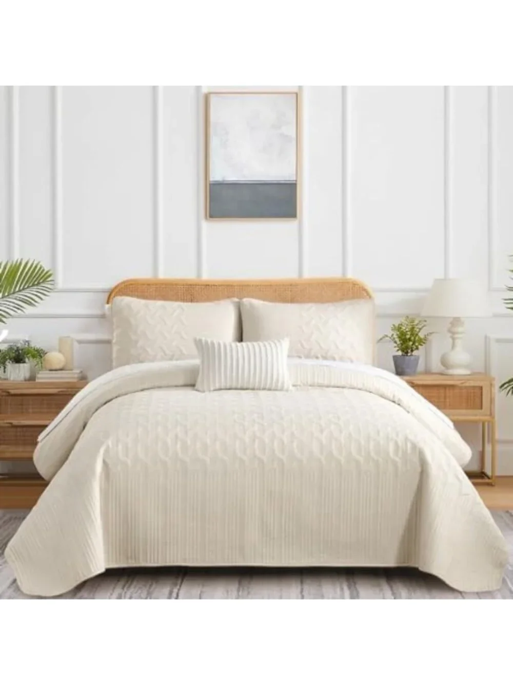 Beige California King Quilt Set, Ultrasonic Wave Bedspread, Cozy Bedding Decor